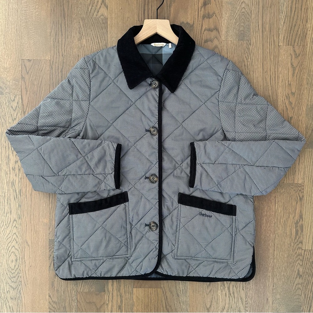 Barbour Orelia Quilted Houndstooth Printed Chore Jacket in Black and Tan US 10/M